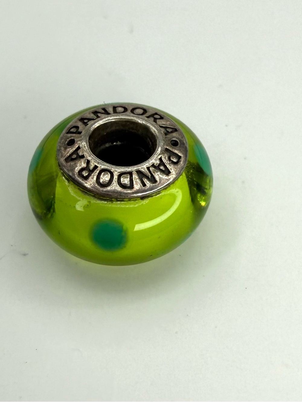 PANDORA 925 ALE Retired 790613 Green Polka Dots Murano Glass Bead Charm 1/2"